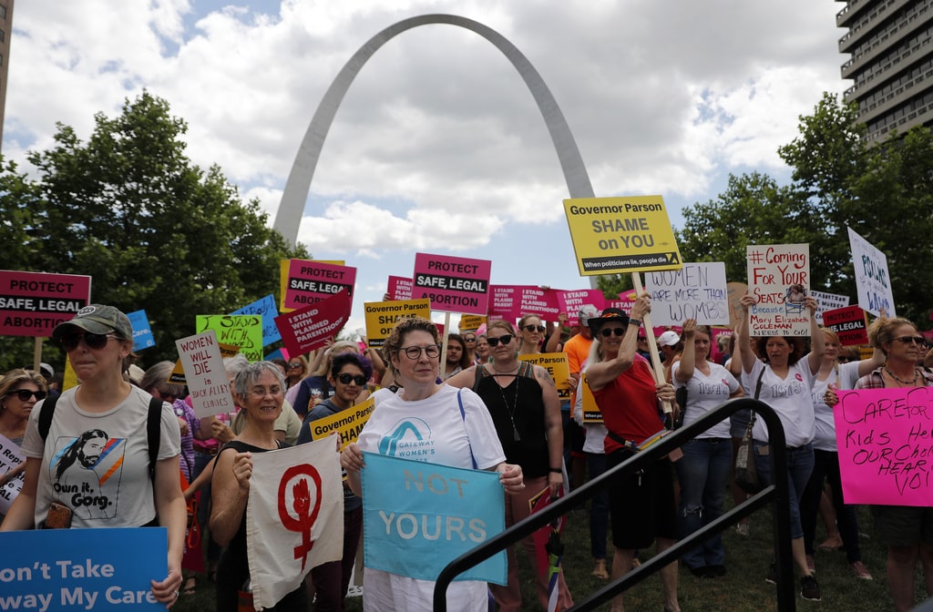 Abortion-rights supporters take part in a protest, May 30, 2019, in St. Louis. (AP Photo/Jeff Roberson, File)